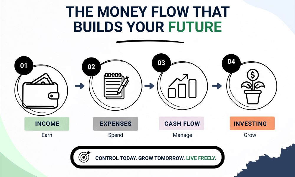 Money flow from income and expenses to cash flow and investing