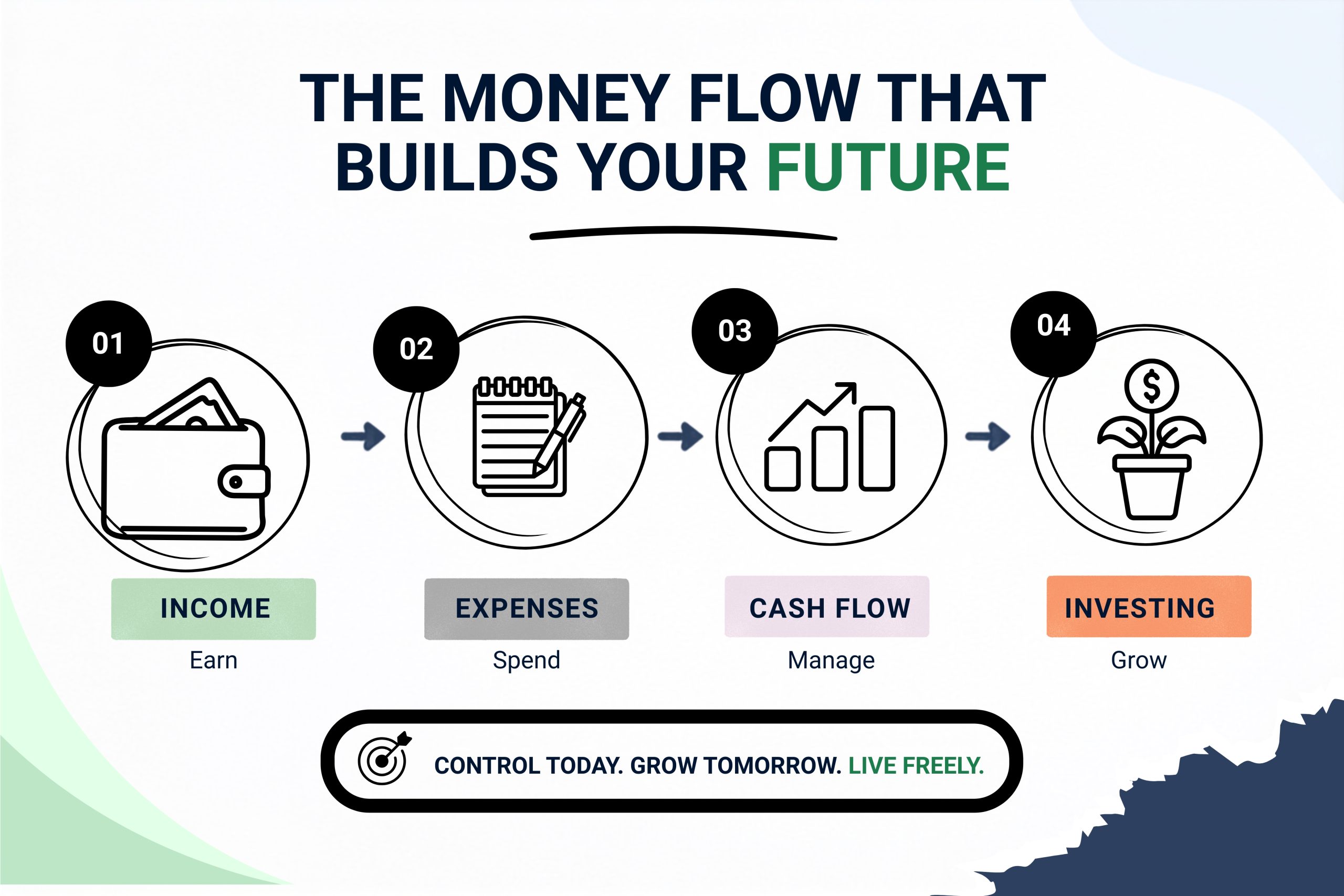 Money flow from income and expenses to cash flow and investing