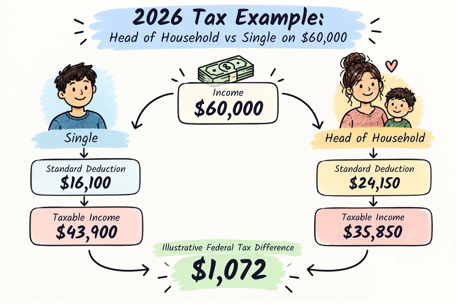 Simplified tax calculation example comparing Head of Household vs Single